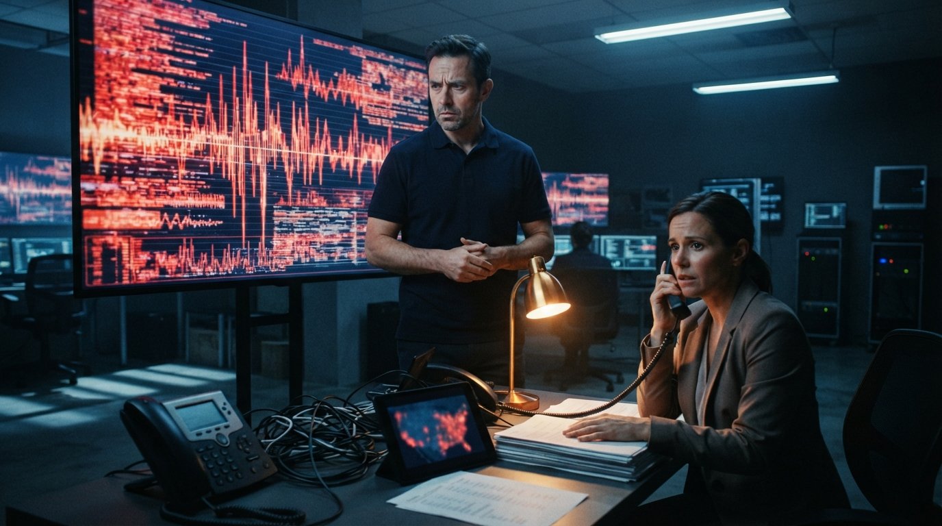 Male analyst in a dark operations center looking at a wall monitor showing red and orange data streams and waveform spikes,…