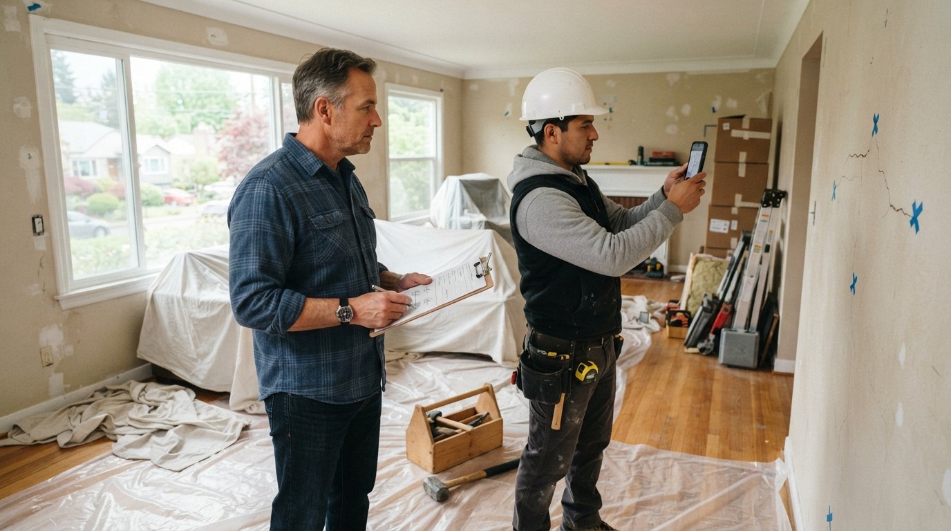 Homeowner and contractor with hard hat review a signed condition report on a clipboard in a remodeled living room