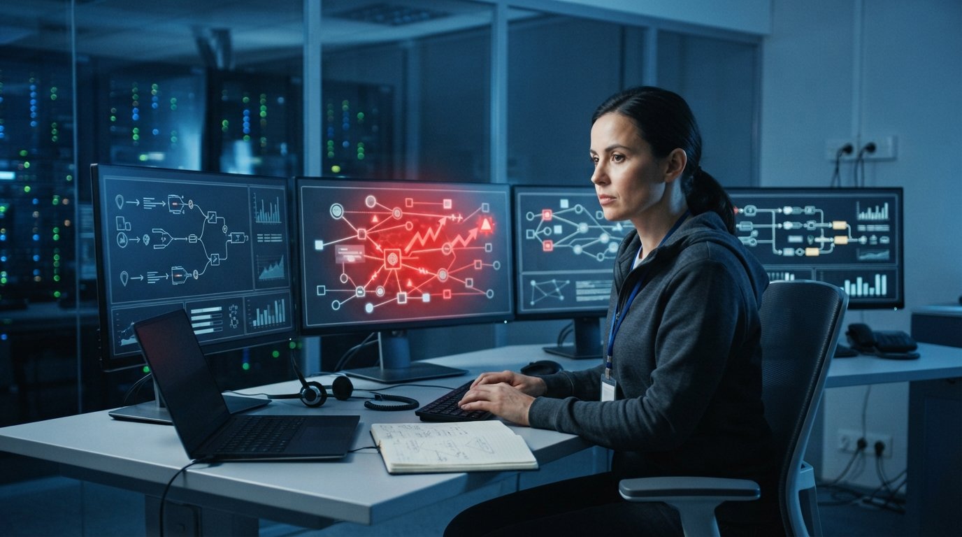 Cybersecurity analyst at a desk with multiple monitors showing network diagrams and form-submission flows, one screen…