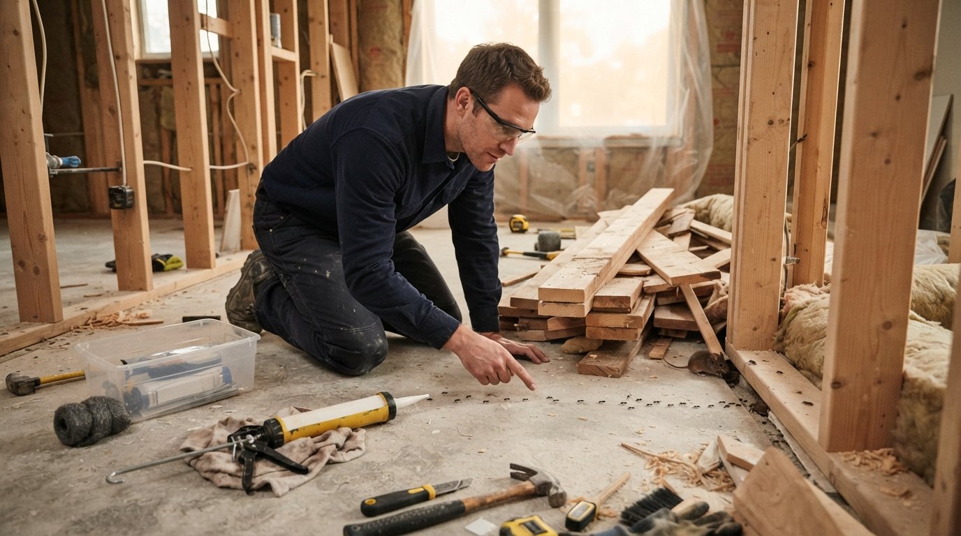 Homeowner in navy work shirt and safety glasses kneels to inspect ants near lumber and a mouse slipping behind debris in a…