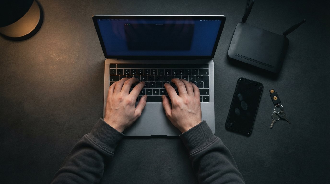 Hands typing on a laptop with a blue privacy screen filter, next to a VPN router and security key on a dark desk