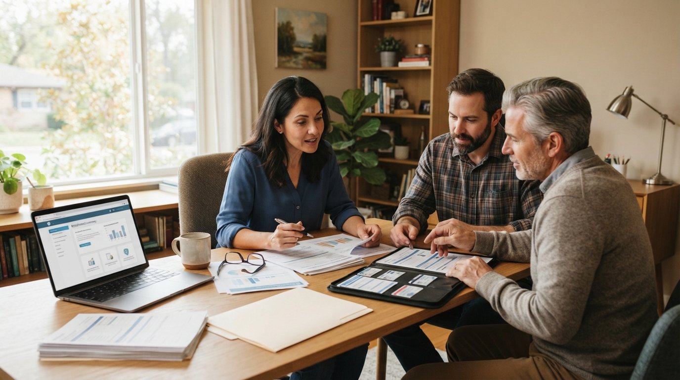 Woman at a wooden desk reviews insurance paperwork by a laptop while two adults sit across holding a folder of ID cards and…
