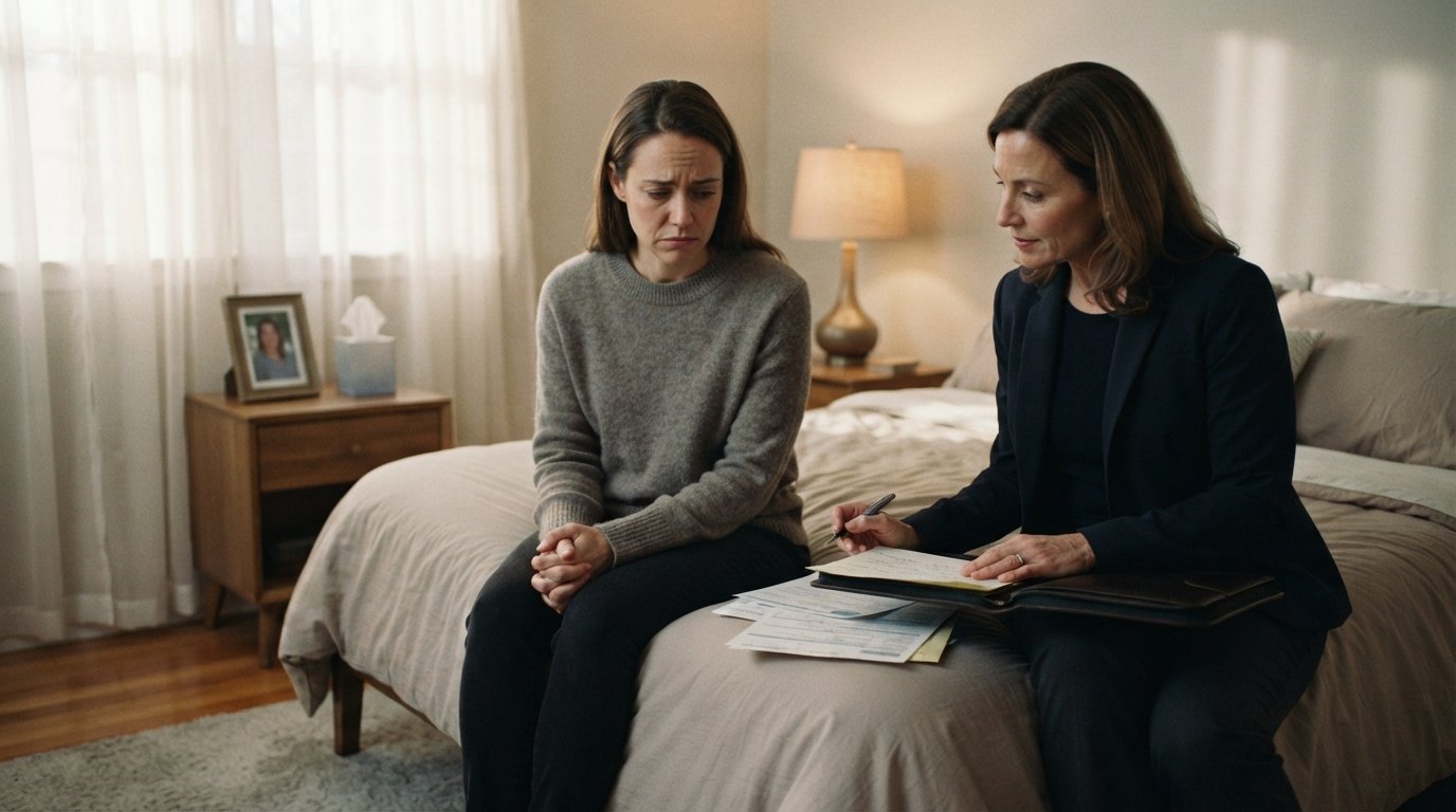 Woman in gray sweater with clasped hands sits on bed beside attorney reviewing notes and medical documents