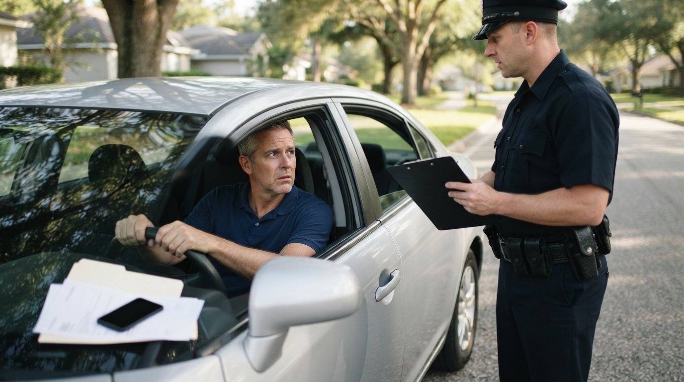 Driver in a navy polo at the wheel of a silver sedan while an officer with a clipboard stands at the open window and…