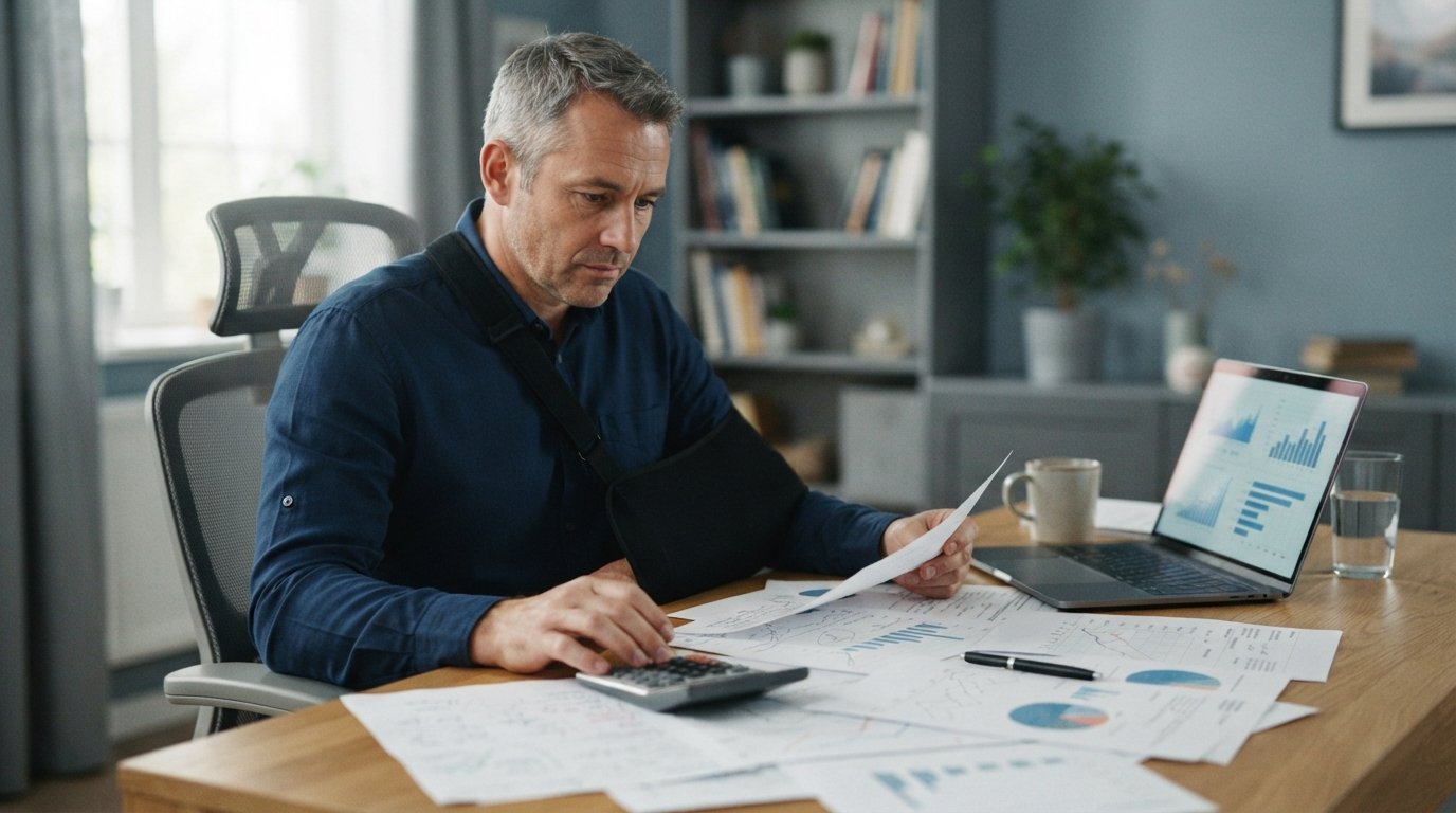 Man with arm in sling at a desk reviewing financial papers and medical reports beside a calculator and laptop