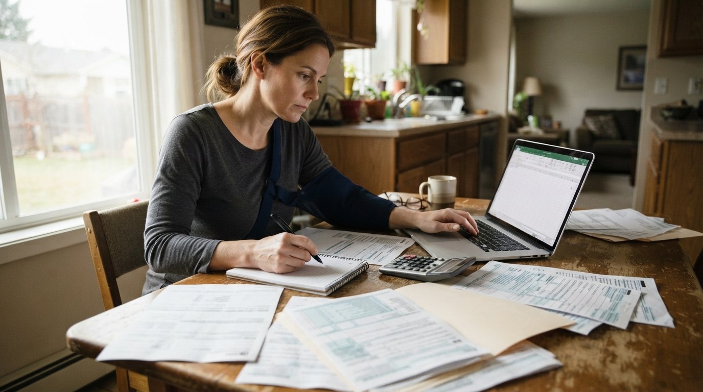 Person with an arm sling sits at a kitchen table with a calculator, pay stubs, tax forms, medical paperwork, a laptop, and…