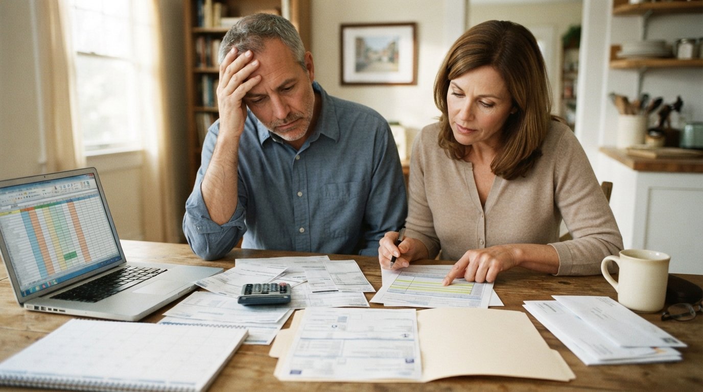 Stressed man at a kitchen table with pay stubs, calculator, laptop, calendar, and medical bills while a woman points to a…