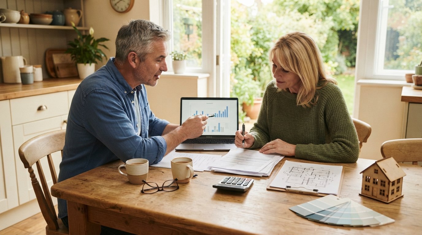 Couple at a sunlit kitchen table reviewing loan paperwork and a laptop with comparison charts, with a calculator, pens,…