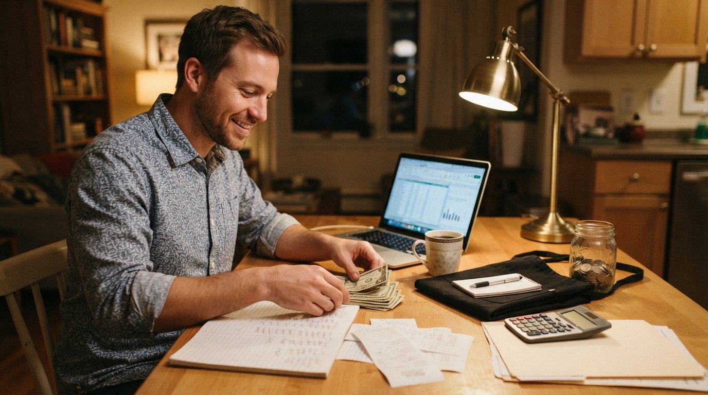 Smiling rideshare driver in a button-up shirt sorting small bills, tip logs, and deposit receipts at a kitchen table beside…