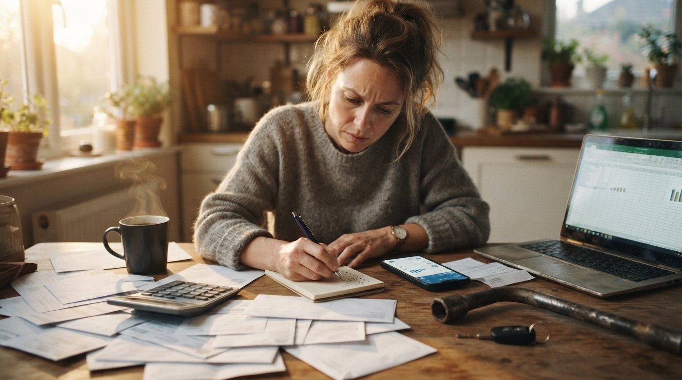 Woman in a gray sweater writes a prioritized list on a notepad at a cluttered kitchen table with bills, a calculator, a…