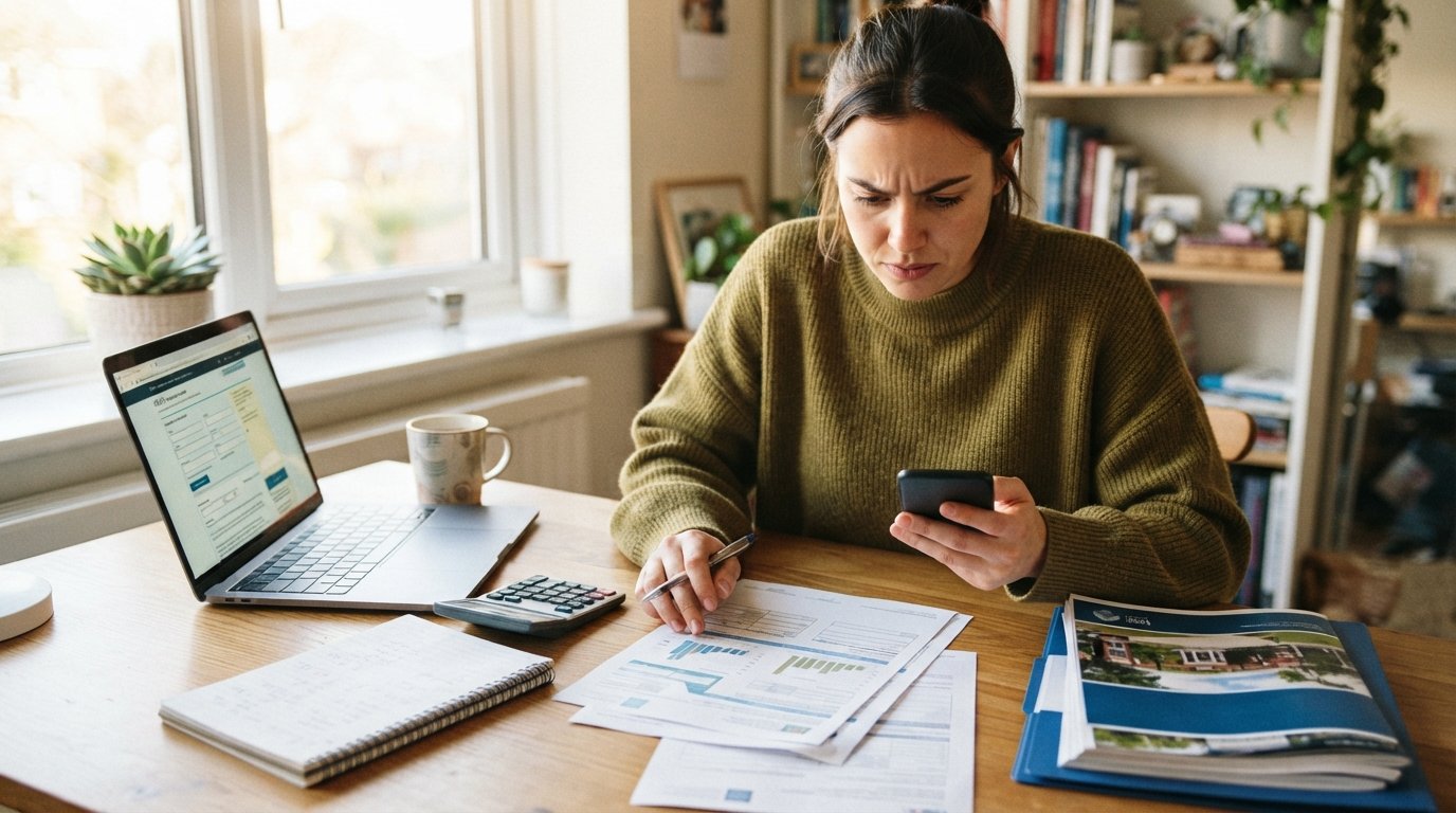 Young woman at a sunlit desk comparing a financial aid award letter with numbers on a laptop and calculator, holding a…