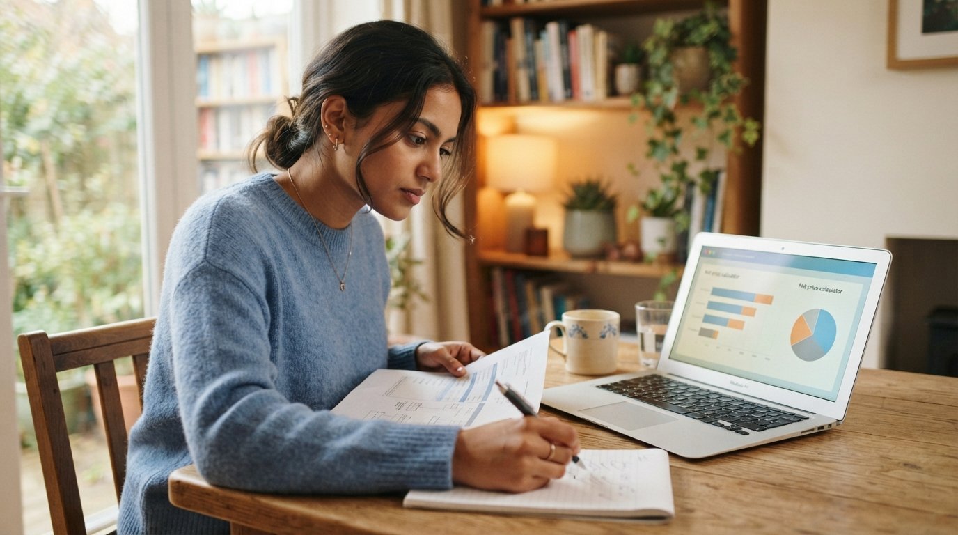 Prospective student at a wooden desk comparing a printed college cost sheet with a laptop showing a net price calculator…