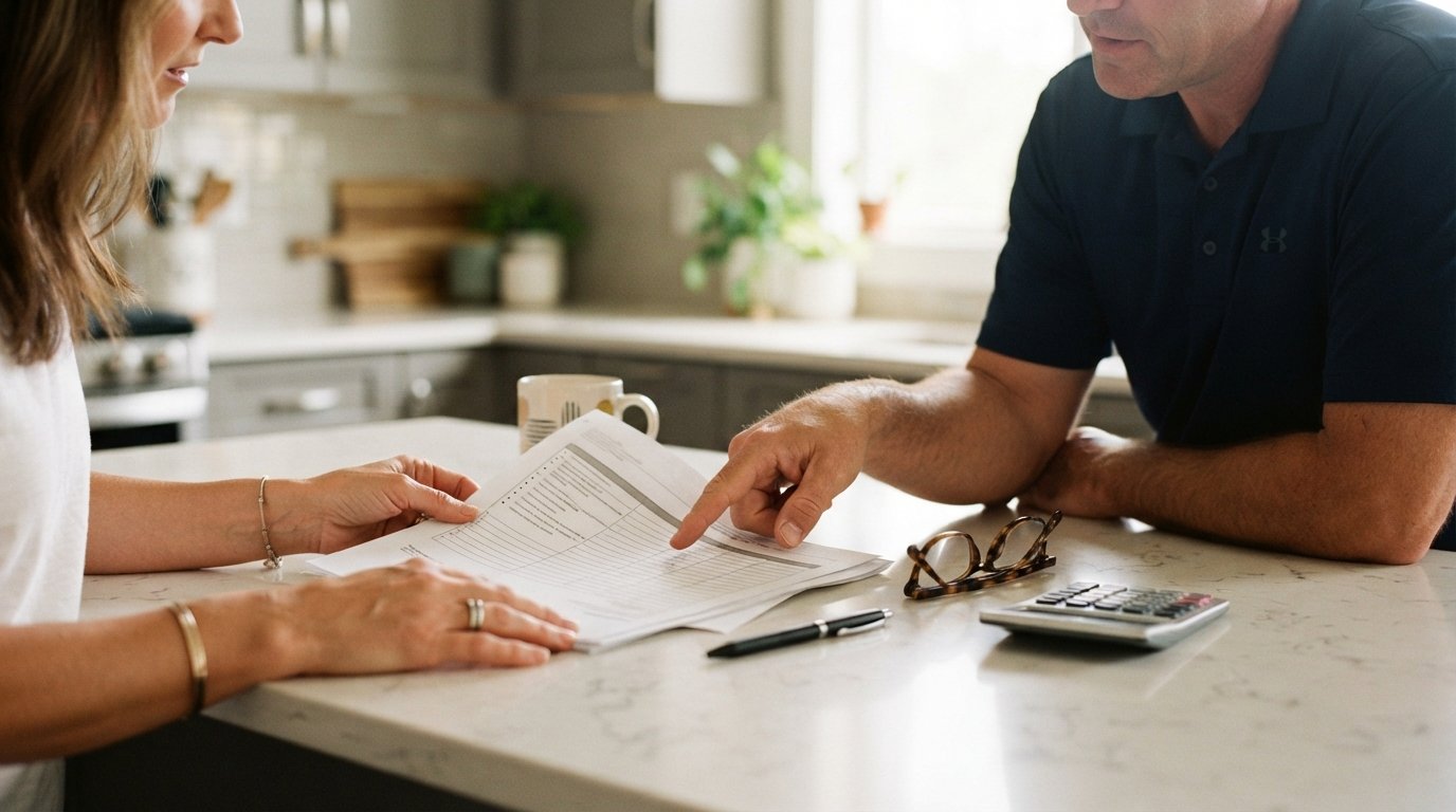 Homeowner's hands hold a contractor estimate while a contractor in a polo shirt points to a line item beside a calculator,…