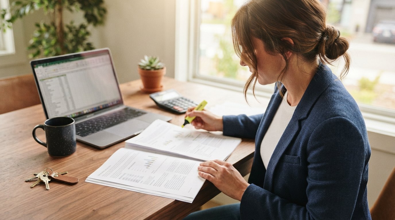 Woman in a blazer highlighting a printed appraisal document at a wooden desk with a laptop, calculator, mug, and house keys