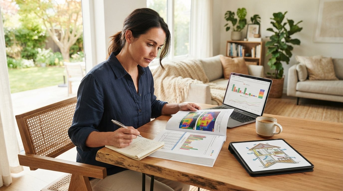 Homeowner at a wooden desk reviewing a printed energy audit report with thermal imaging pages, a blower door chart, laptop…