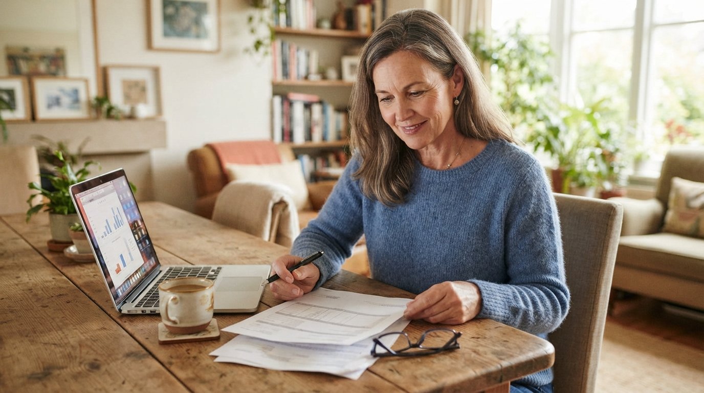 Woman in a blue sweater reviews a printed benefits statement at a wooden table, pen in hand, with reading glasses, laptop,…