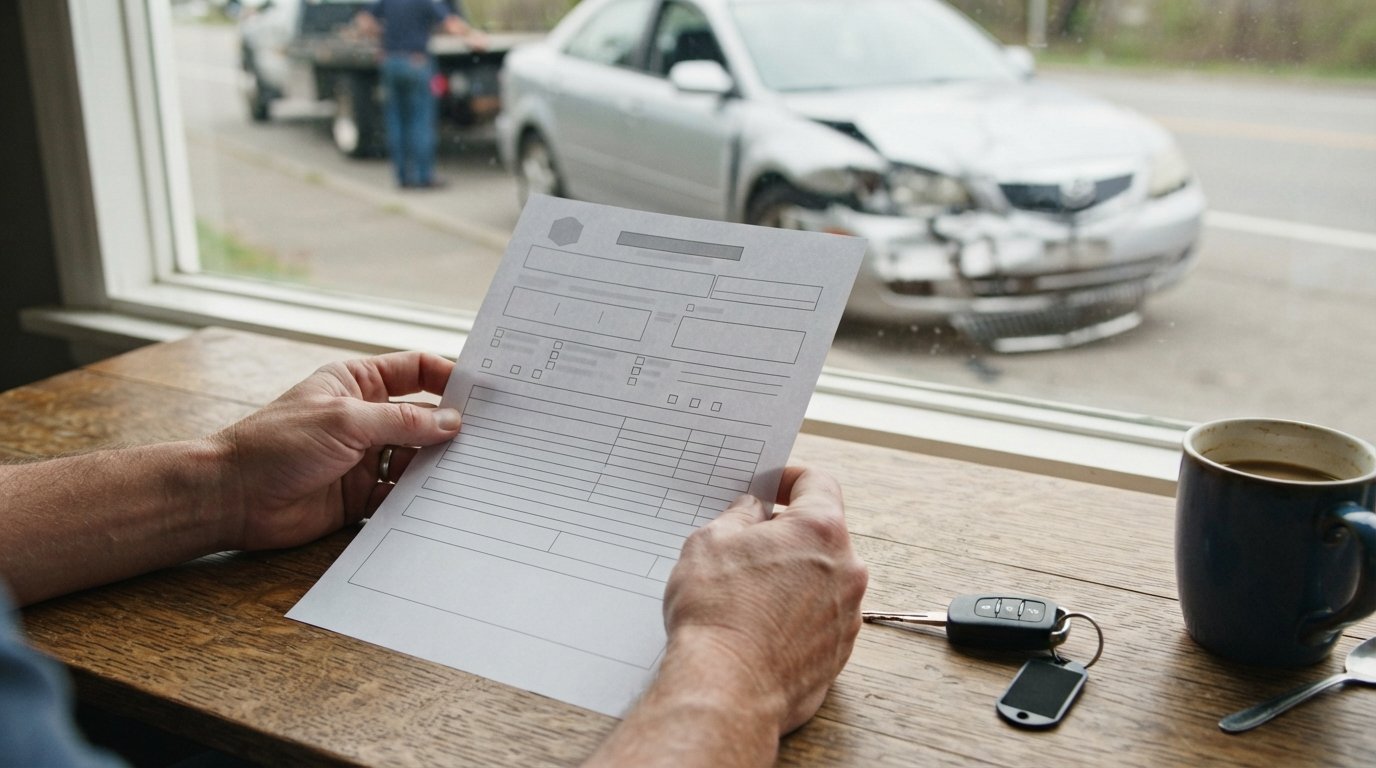 Hands holding a printed police report over a wooden desk with car keys and a coffee mug, blurred damaged silver sedan…