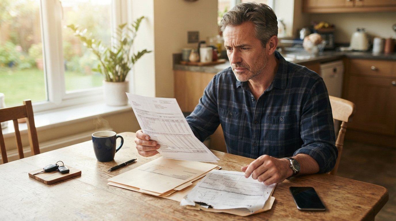 Middle-aged man at a wooden table studying a multi-page settlement statement beside a pen, coffee mug, car keys, and a folder