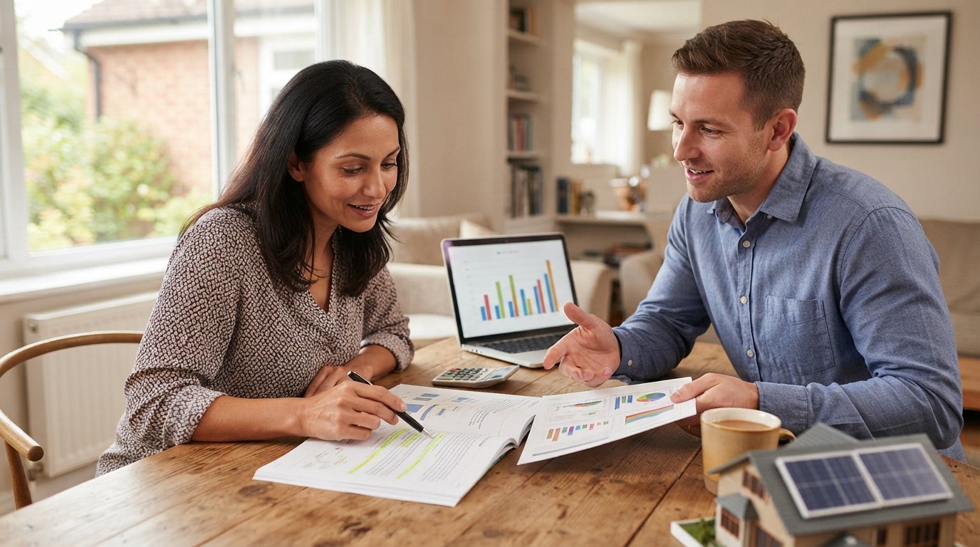 Two people at a wooden table review a solar proposal, one pointing a pen at a line while the other gestures toward a panel…
