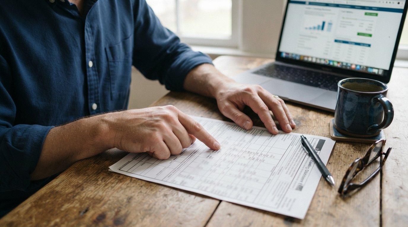 Hands hold a printed Truth in Lending Disclosure form at a wooden table, with a pen, coffee mug, and reading glasses; a…