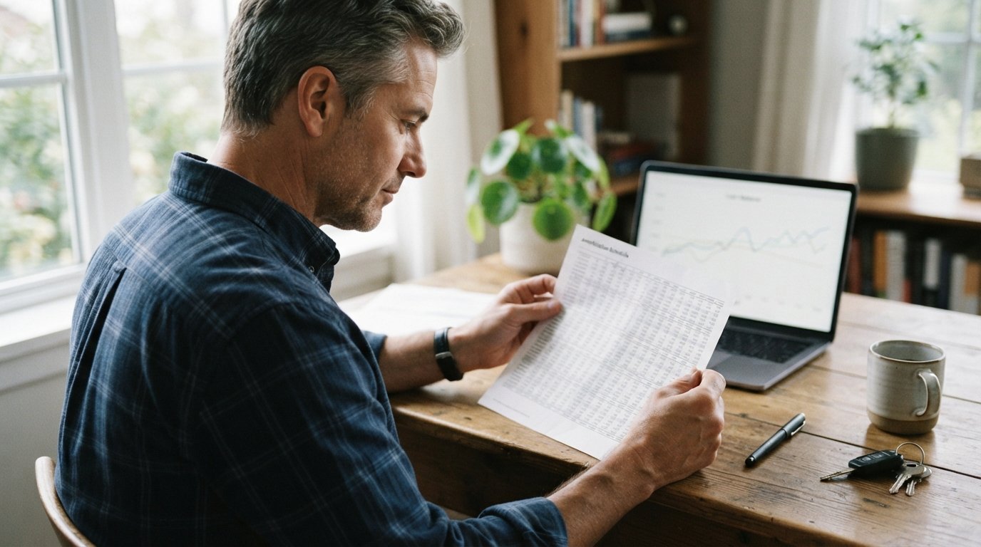 Man in a button-down shirt holding a printed amortization schedule at a wooden desk, with a pen, car keys, coffee mug, and…