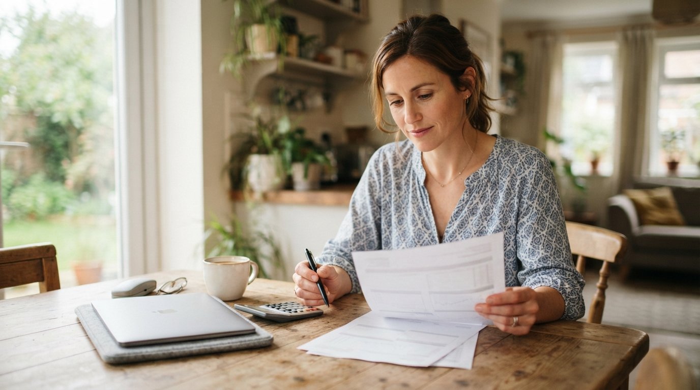 Woman seated at a wooden kitchen table holding a paper statement and pointing at it with a pen, with a laptop, calculator,…