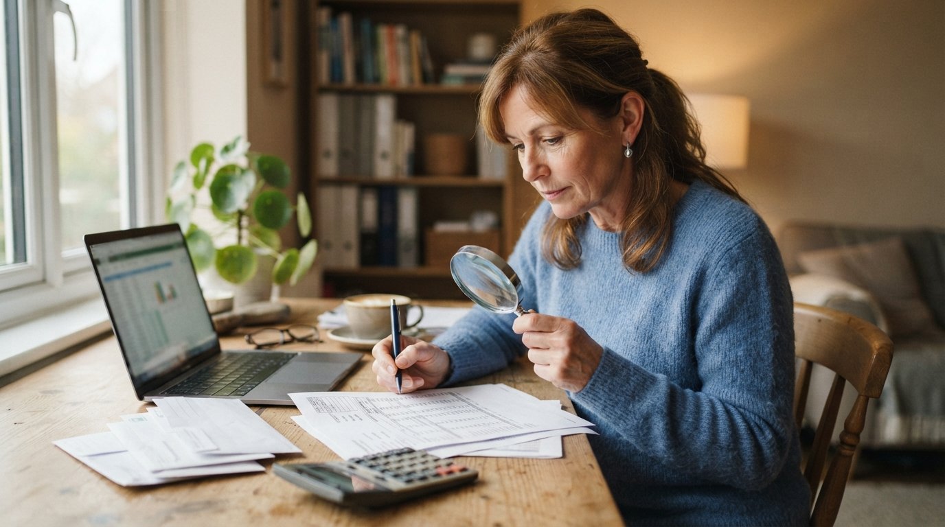 Woman in blue sweater uses a magnifying glass and pen to check numbers on a paper insurance statement at a wooden desk with…