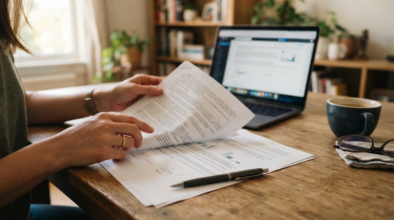 Hands holding a printed loan agreement over a wooden desk with a pen, laptop, coffee mug, and reading glasses nearby