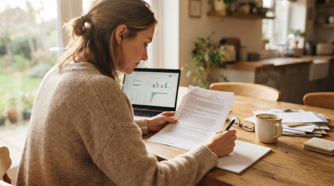 Woman in a beige sweater reviewing a mortgage document at a wooden table, pen in hand, with a laptop and notepad beside her