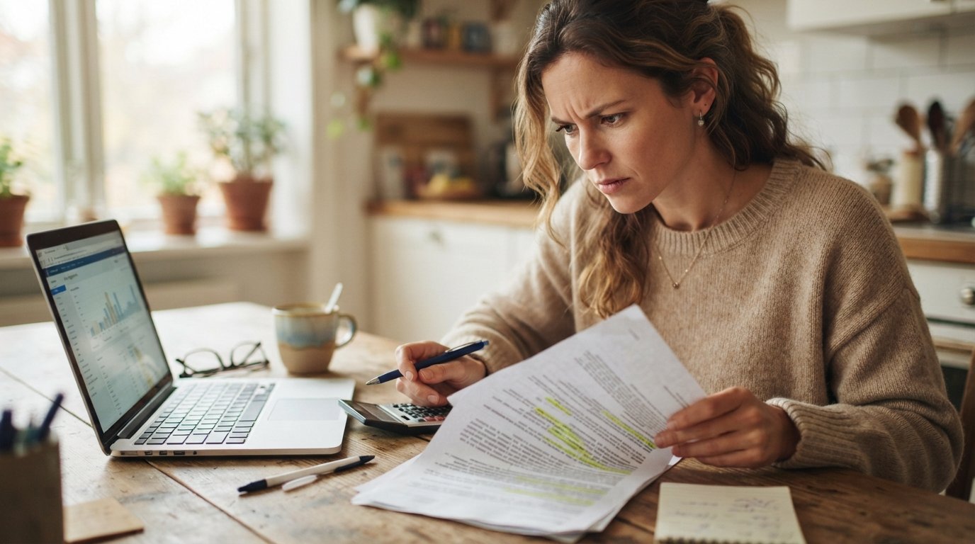 Woman at a kitchen table studies a paper loan agreement with a pen, laptop, calculator, coffee mug, and reading glasses…