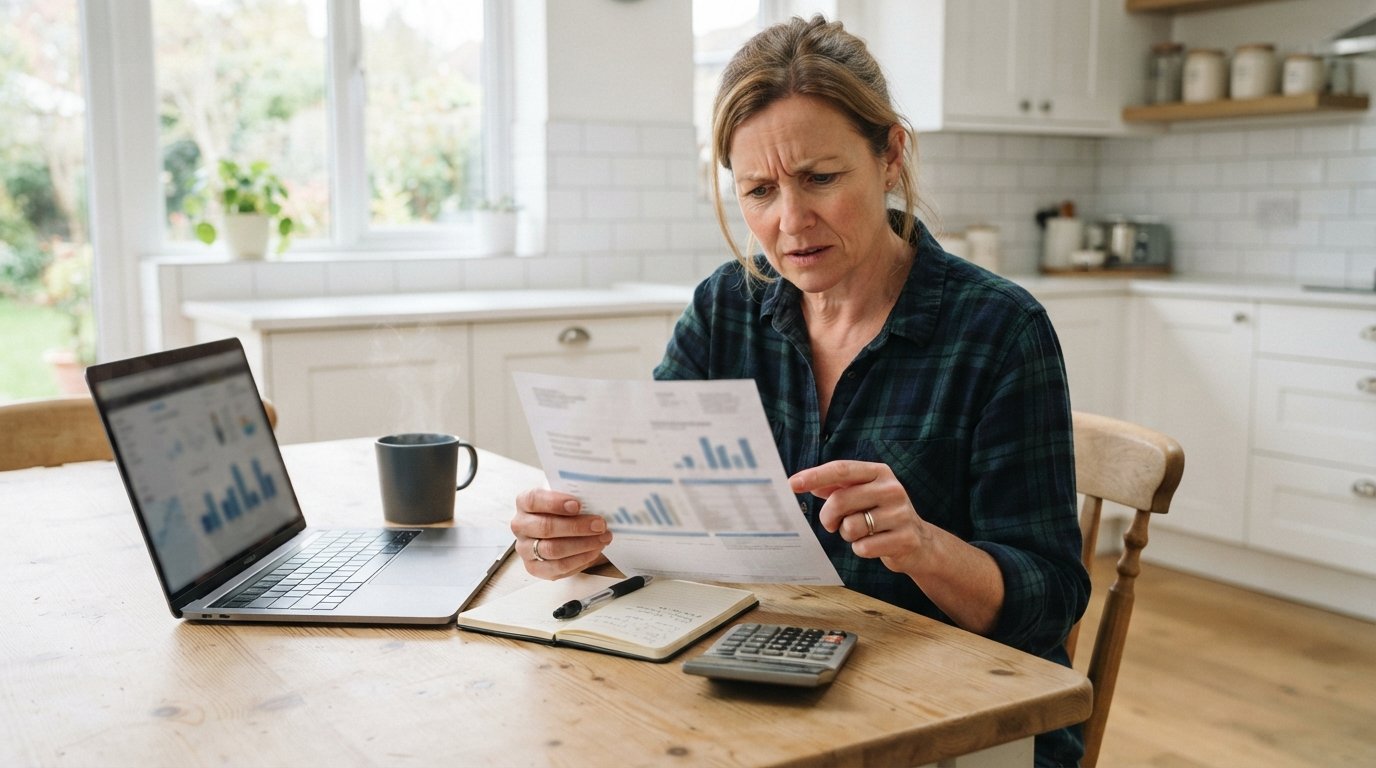 Person in a plaid shirt pointing at a line item on a paper electricity bill, with a laptop, calculator, coffee mug, and…