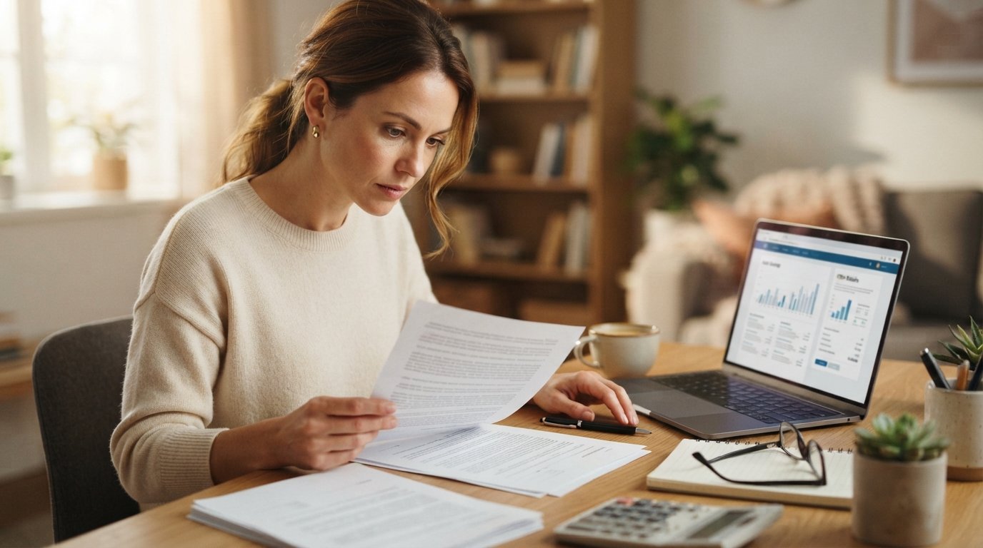 Young woman reading a printed loan agreement at a home desk with an open laptop, pen, calculator, and coffee mug nearby