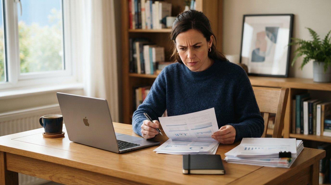 Focused adult reviewing a printed credit report with a pen at a tidy wooden desk beside a laptop, coffee mug, and stacked…