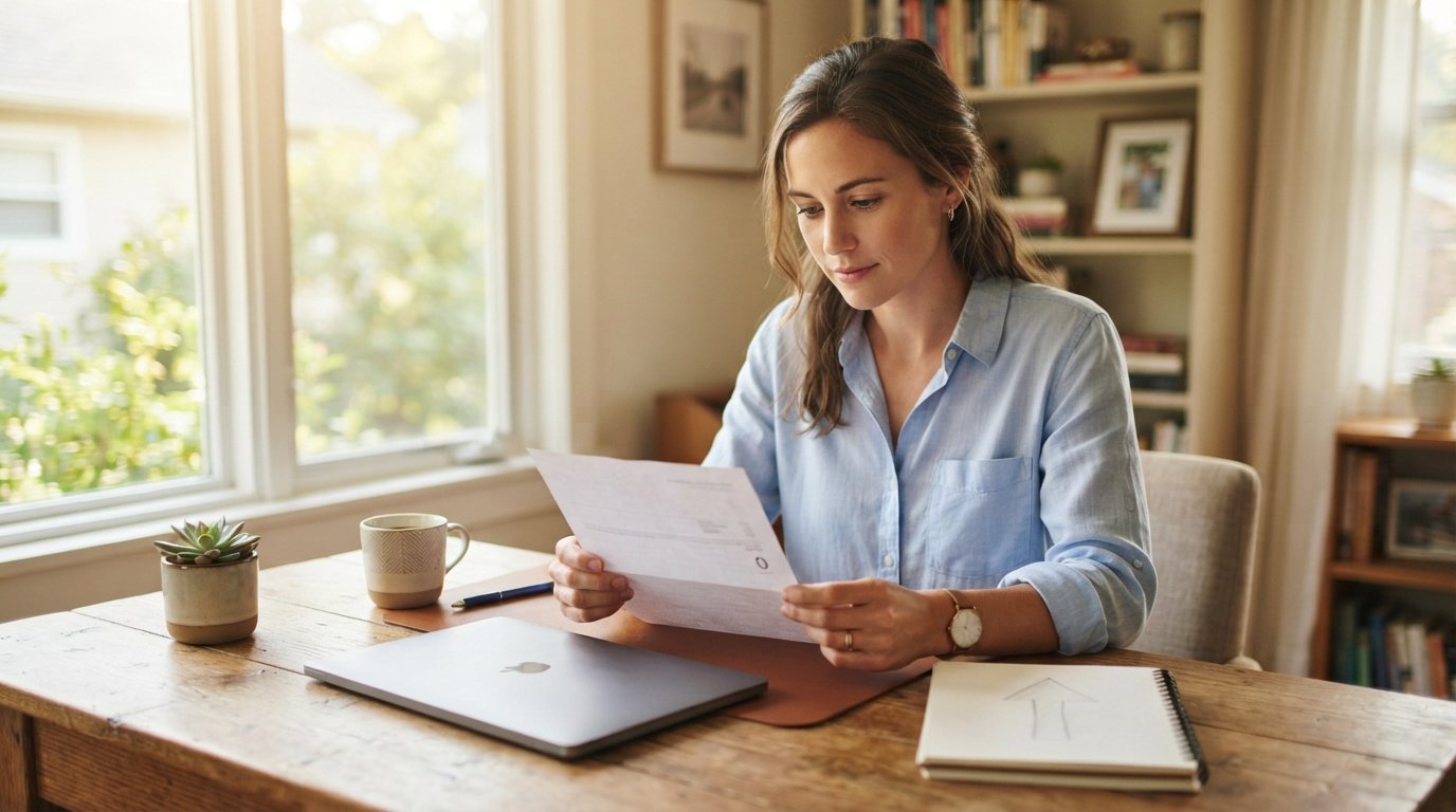Woman in a light blue shirt sits at a wooden desk, reviewing a loan statement next to a closed laptop, coffee mug, notepad…