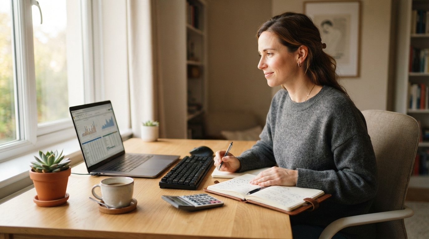 Person at a tidy desk reviewing finances on a laptop, with a notebook, pen, calculator, coffee, and a small potted plant in…