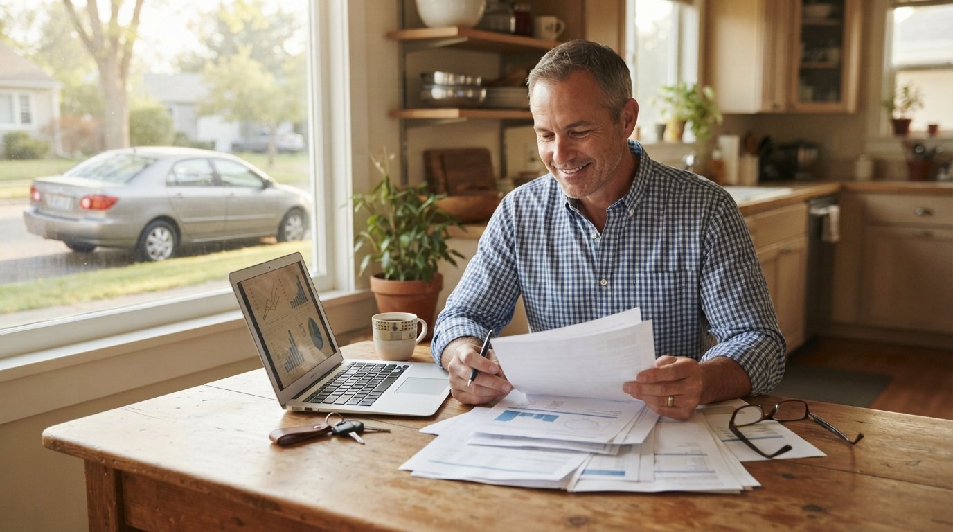 Middle-aged man in a button-down shirt reviews a credit report and paperwork at a kitchen table beside a laptop, coffee…
