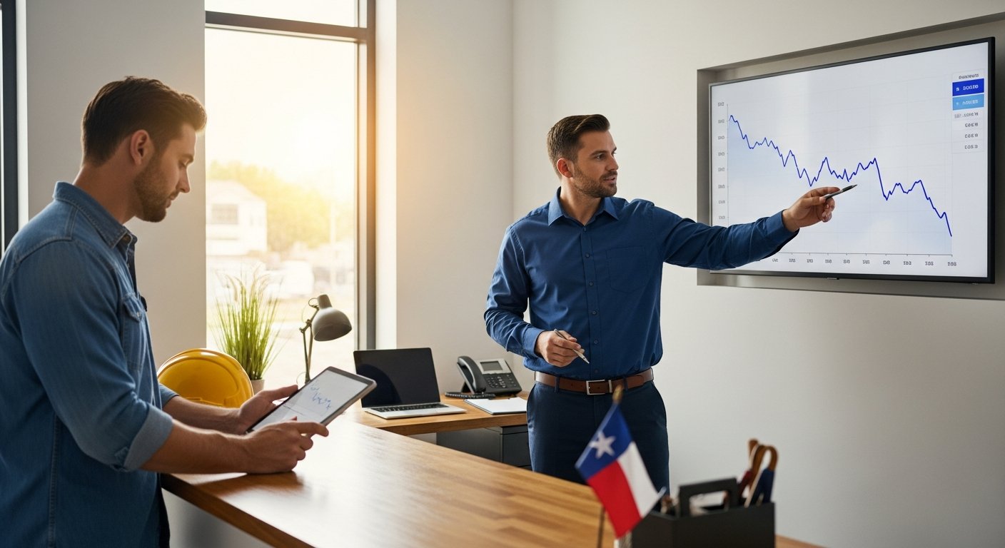 Texas business owner in hard hat and work shirt reviews a tablet while an insurance agent points to a chart with a downward…