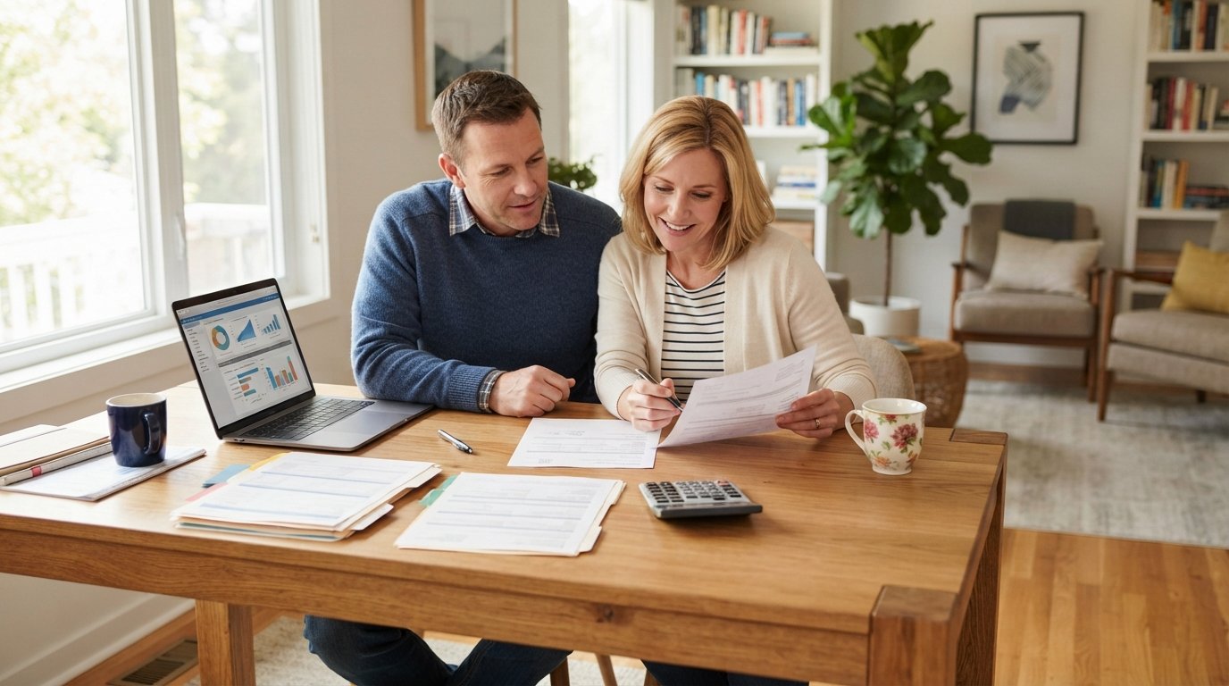 Middle-aged couple at a wooden desk comparing life insurance quotes on a laptop with calculator, pen, mugs, and paperwork