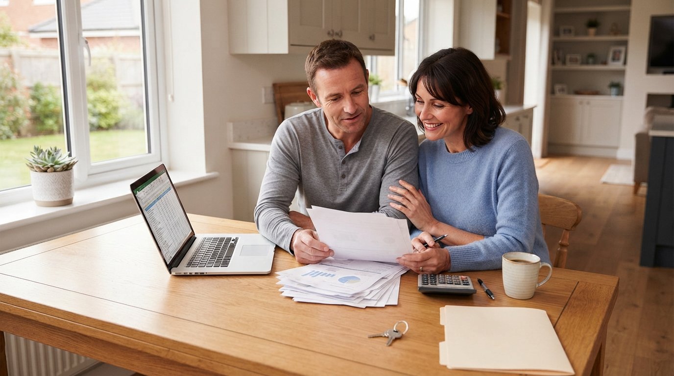 Middle-aged couple reviewing mortgage papers and calculator at a kitchen table with a laptop and coffee