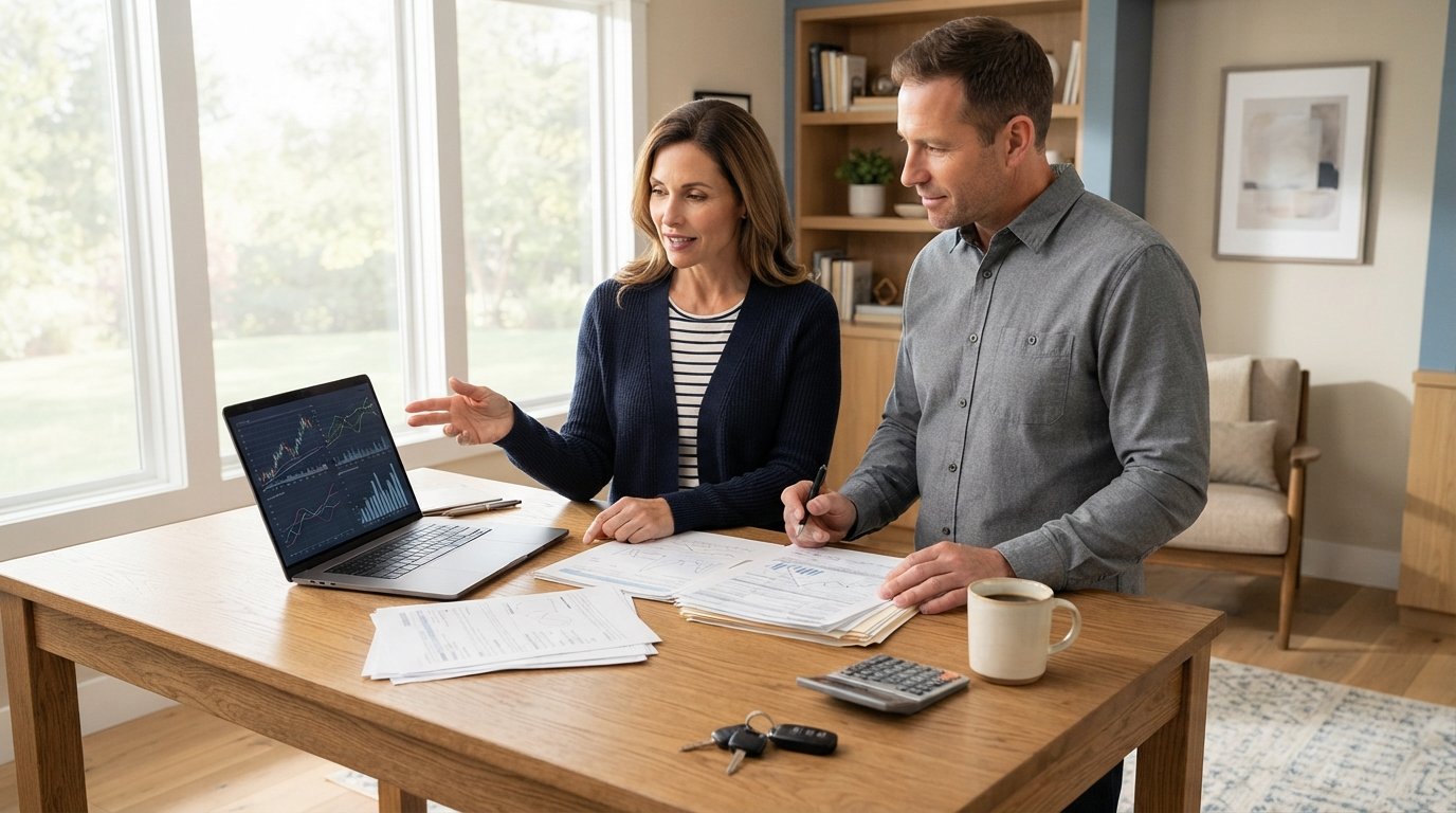 Man and woman at a wooden desk reviewing paperwork and a laptop with loan comparison charts, car keys and a calculator nearby