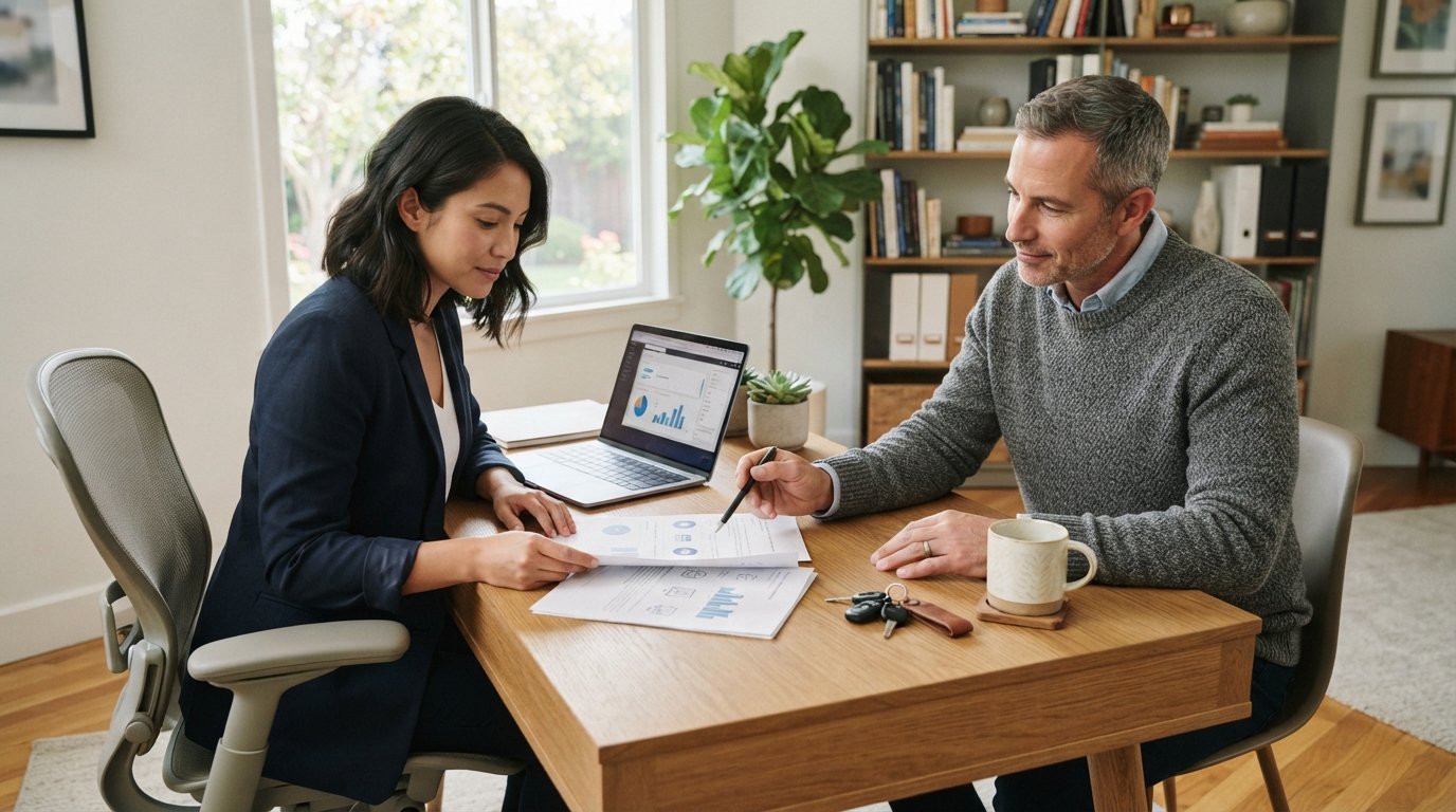 Woman in navy blazer at a desk reviewing car insurance paperwork with a man in a gray sweater pointing at the document; car…