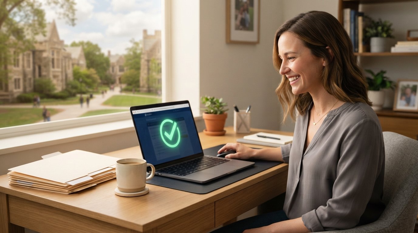 Woman at a desk clicking a mouse on a laptop showing a green checkmark on a university portal, with folders and coffee nearby