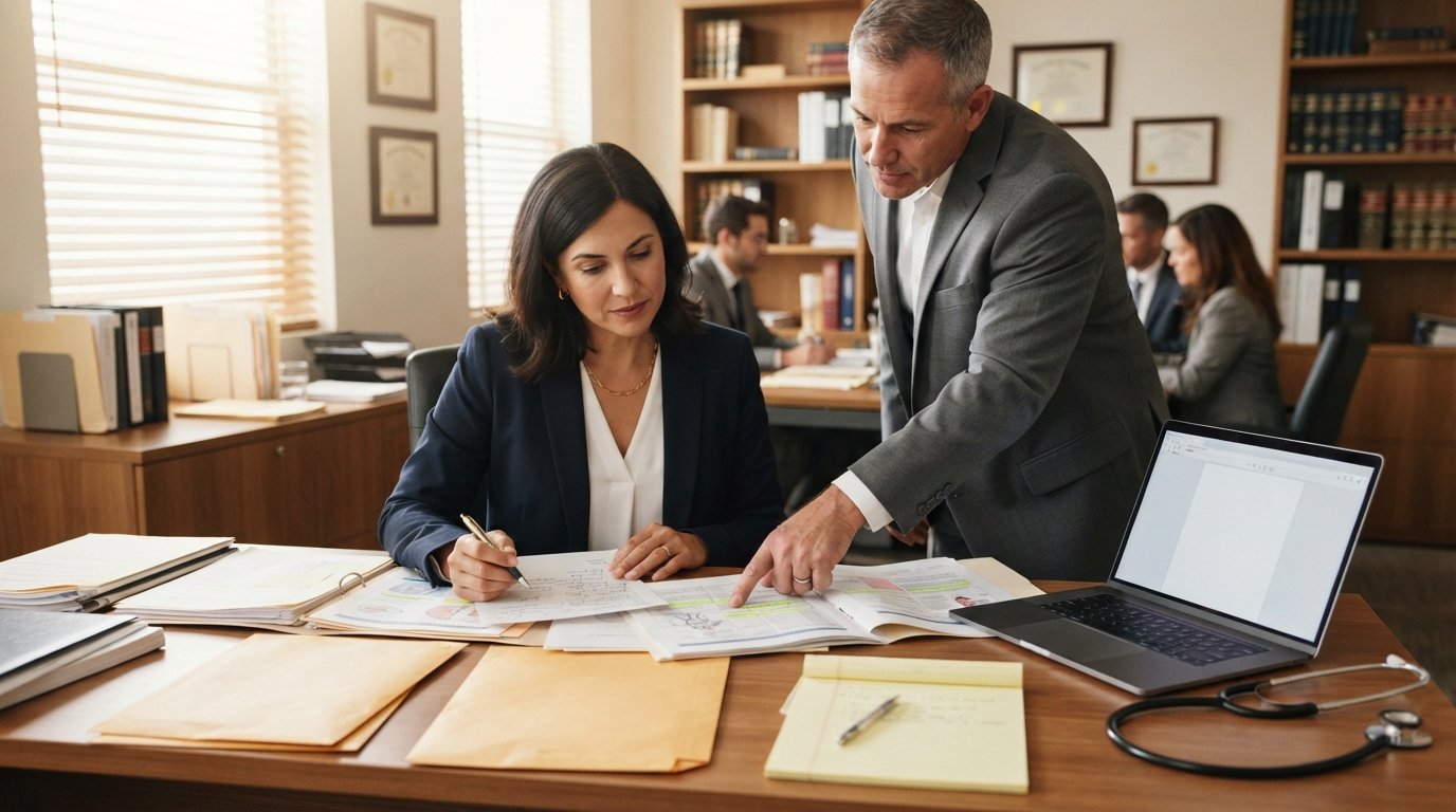 Woman in a navy blazer and man in a gray suit review medical record folders and a chart at a wooden law office desk.