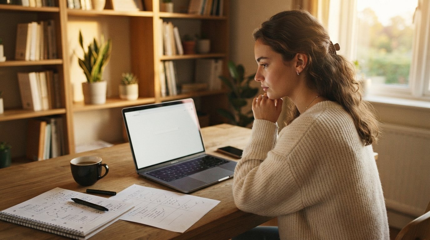 Young woman at a wooden desk studying a laptop with a blank search page, notebook of goals, college comparison sheet, pen,…