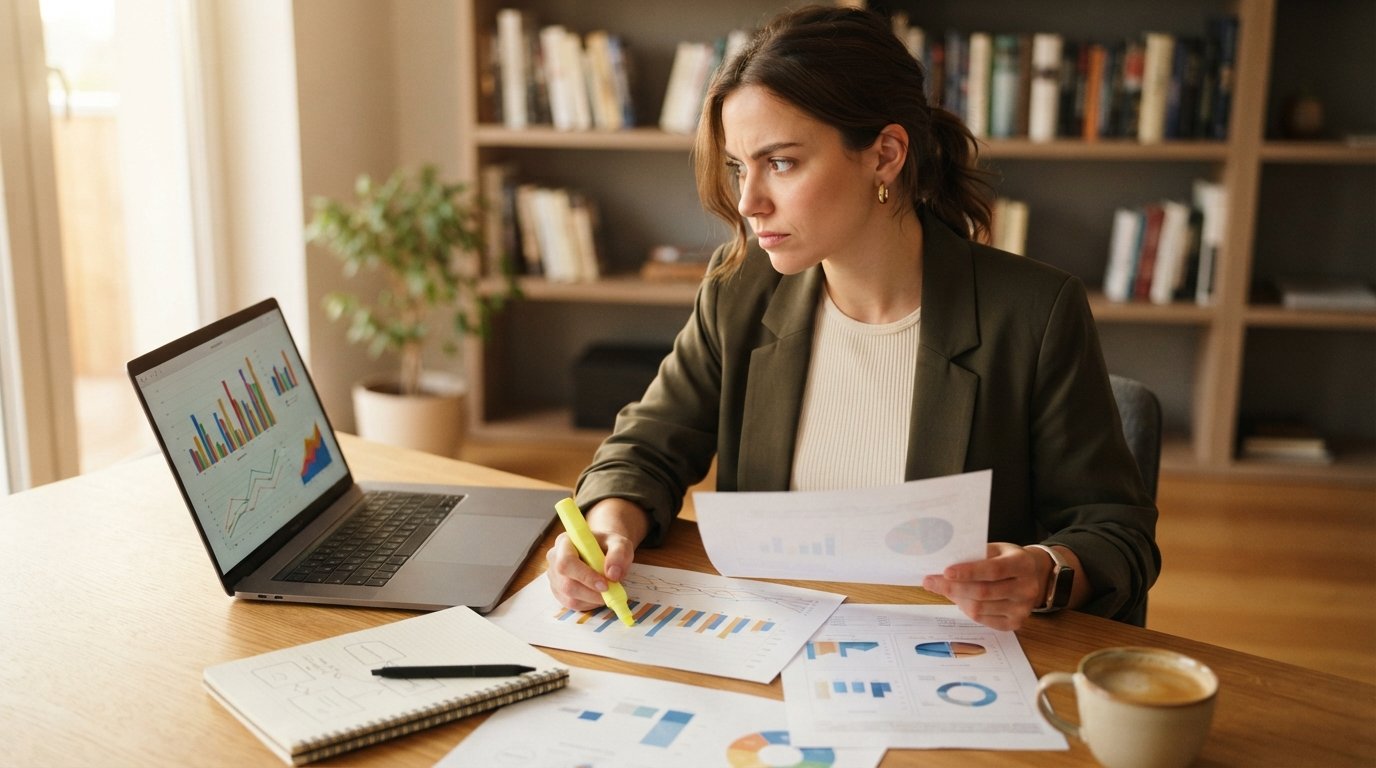 Young woman in a blazer sits at a wooden desk comparing printed charts with bar graphs on a laptop screen, highlighter in…