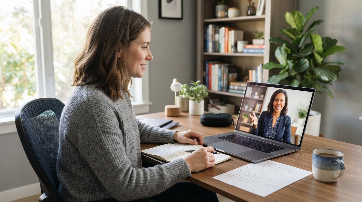 Online student at a home desk watches a career advisor gesture during a video call on a laptop, with a printed question…