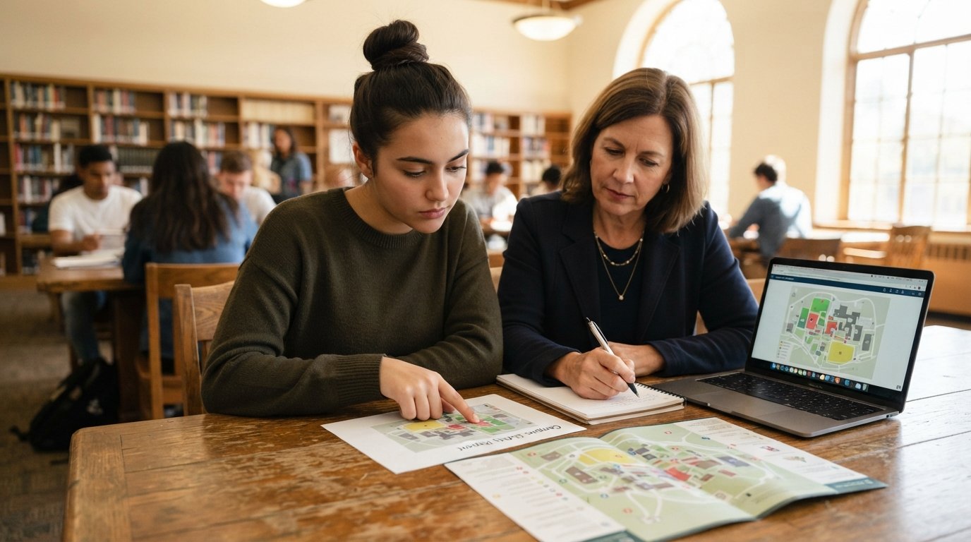 Prospective student and parent review a printed safety report and laptop crime statistics at a sunlit campus library table