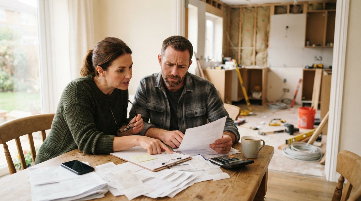 Couple in their 40s reviewing receipts and documents at a dining table, with a half-finished kitchen remodel visible…