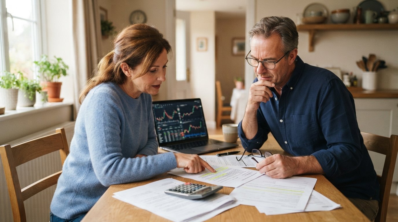 Man and woman at a wooden kitchen table reviewing a debt settlement contract, with a laptop showing financial charts, a…