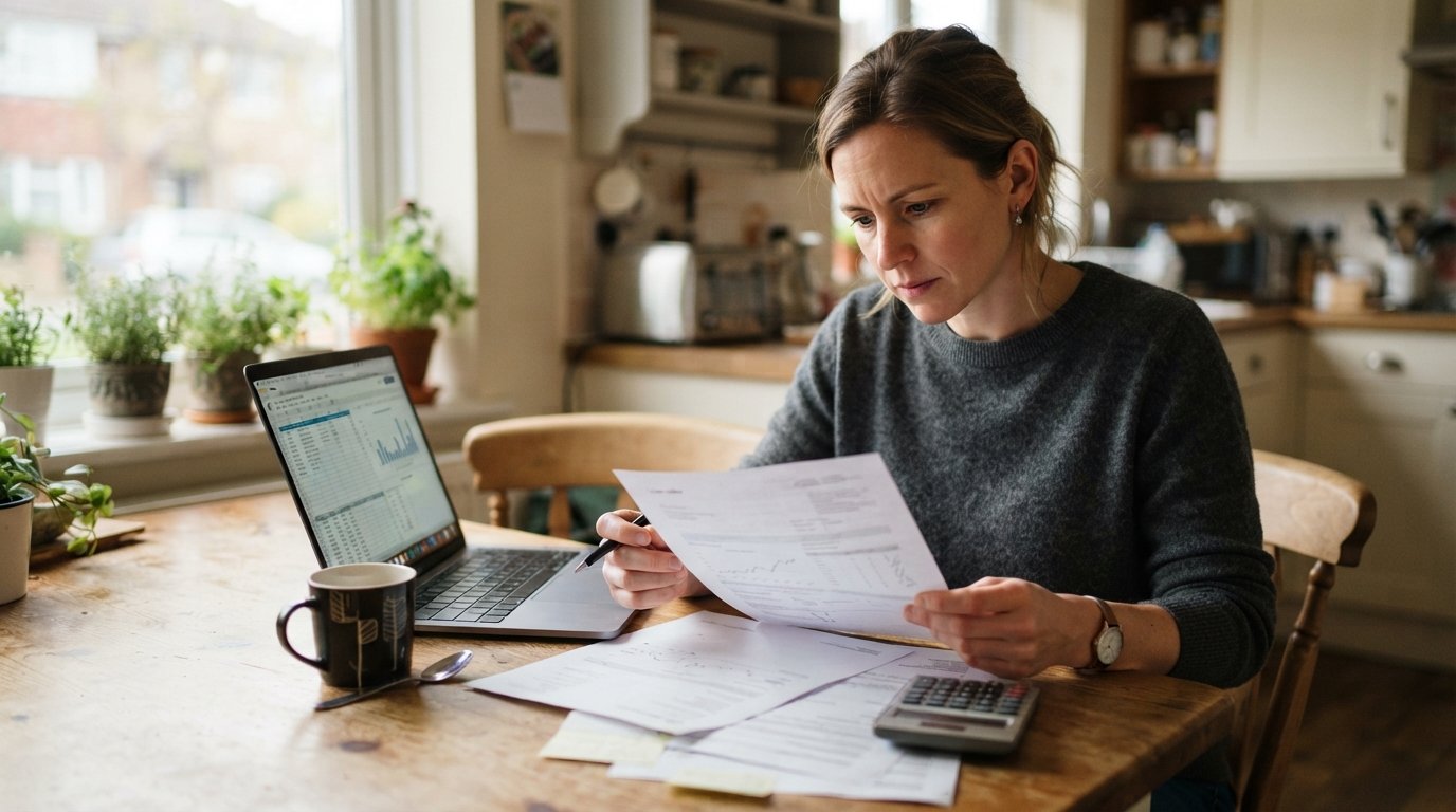 Person in their 30s at a kitchen table comparing loan paperwork with a calculator, pen, coffee mug, and a car repair…